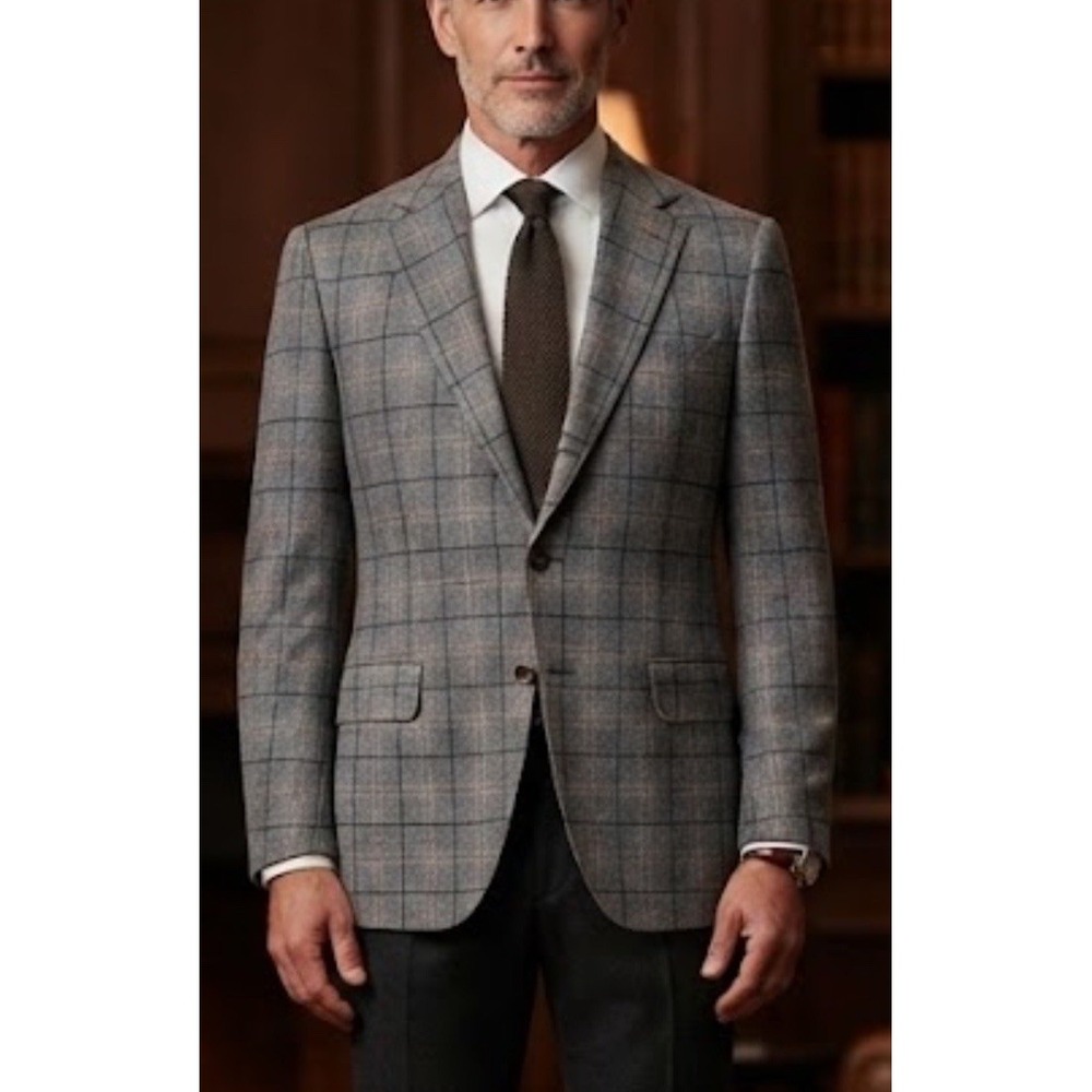 Loro Piana Sunset Blazer Cashmere Silk Brown Gray Plaid Mens Bespoke 38R Luxury